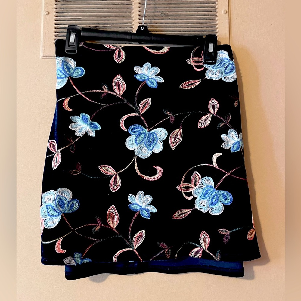 Floral embroidered velvet mini skirt from Francesca’s
